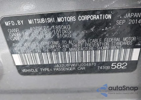 2015 Mitsubishi Lancer Gt from USA, damaged, VIN JA32U8FW6FU004870